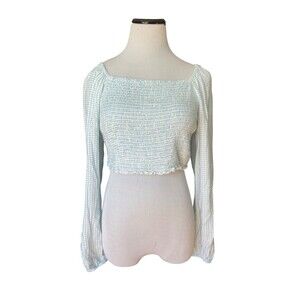 Gingham Crop Milkmaid Top Size L Blue Smocked Long Sleeve Cottagecore Coquette